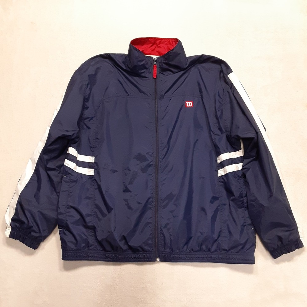 Vintage Wilson Mens Lined Windbreaker Jacket Navy Blue Large Striped Full Zip